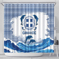 Greece Dolphin Shower Curtain with Greek Key Pattern and Ocean Wave Design