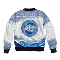 Greece Dolphin Sleeve Zip Bomber Jacket with Greek Key Pattern and Ocean Wave Design