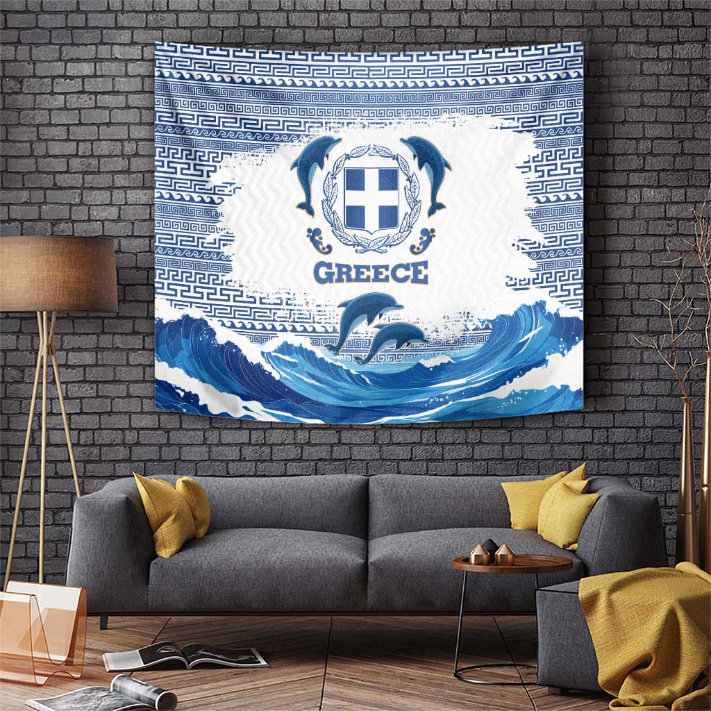 Greece Dolphin Tapestry with Greek Key Pattern and Ocean Wave Design