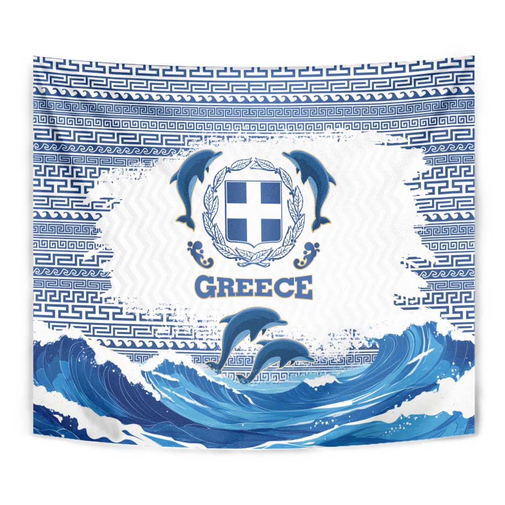Greece Dolphin Tapestry with Greek Key Pattern and Ocean Wave Design