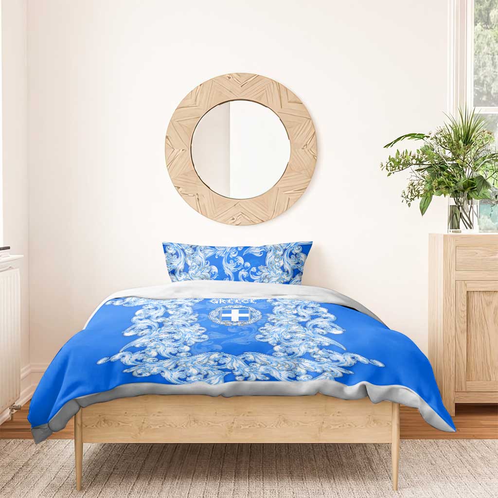 Greece Baroque Pattern Bedding Set with Greek Flag Crest and Country Map