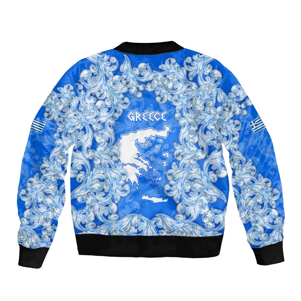 Greece Baroque Pattern Bomber Jacket with Greek Flag Crest and Country Map