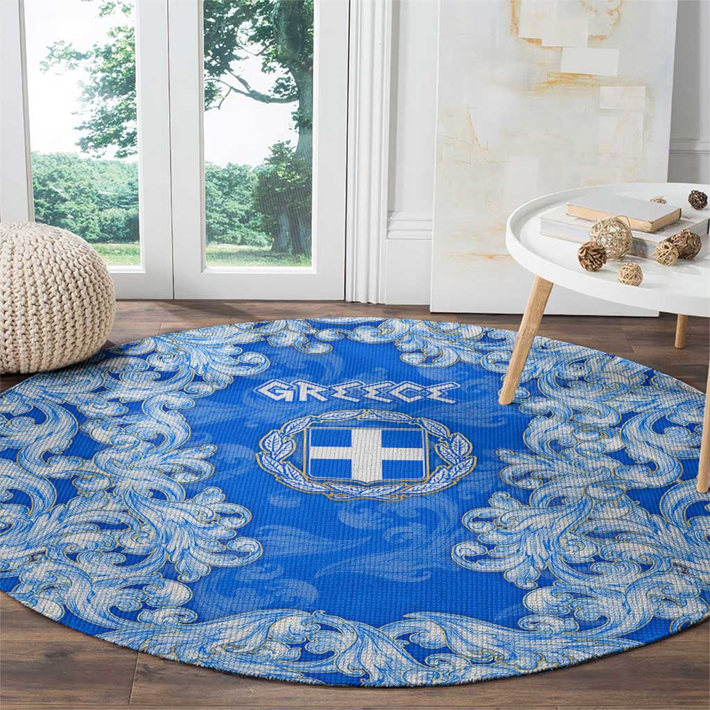 Greece Baroque Pattern Round Carpet with Greek Flag Crest and Country Map