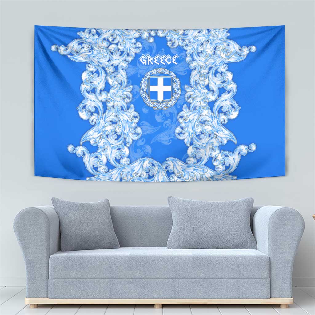 Greece Baroque Pattern Tapestry with Greek Flag Crest and Country Map