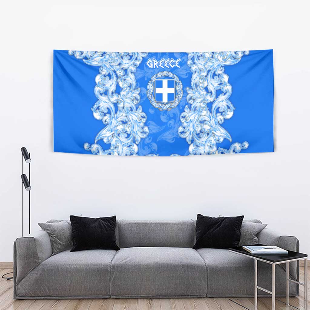 Greece Baroque Pattern Tapestry with Greek Flag Crest and Country Map
