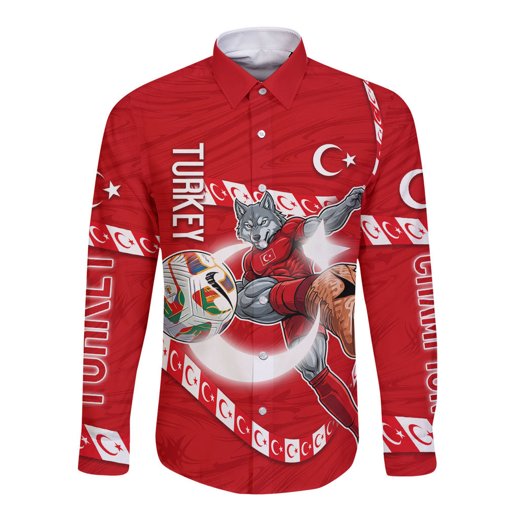 Personalized Turkey Football Bozkurt Mascot Long Sleeve Button Shirt Turkish Flag Crescent Moon Red And White Comic Art