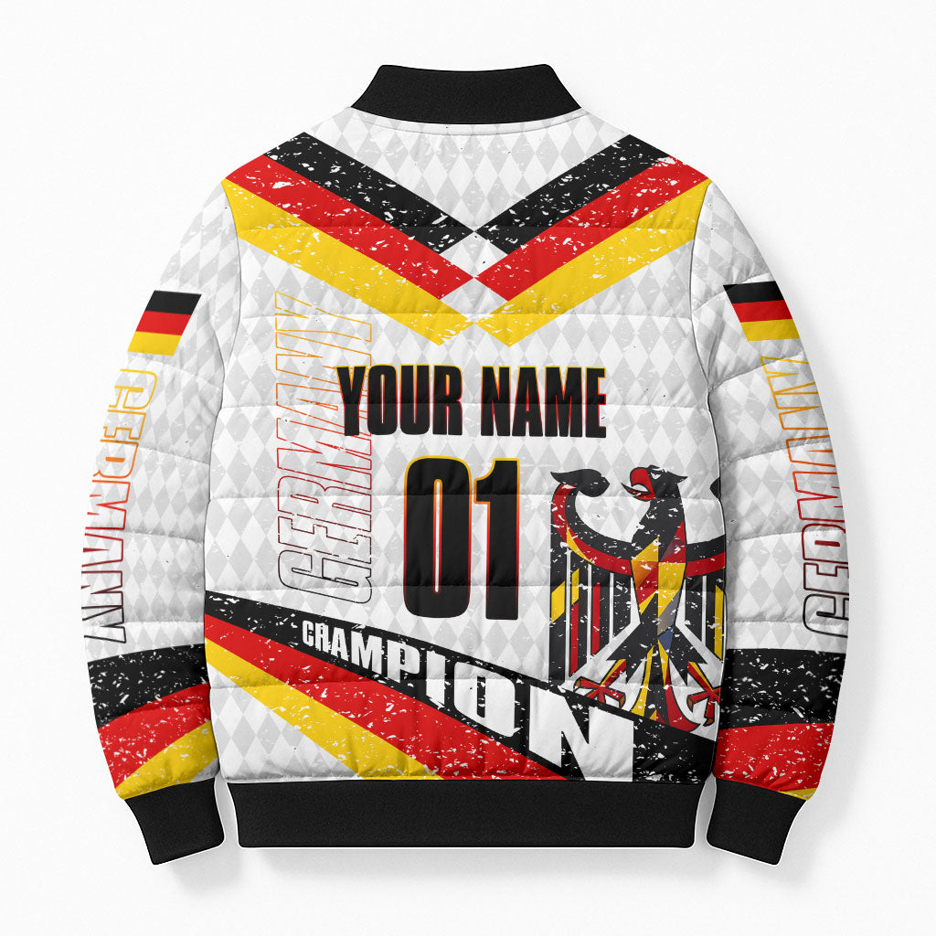Personalized Germany Football Bear Mascot Bomber Puffer Jacket Germany Flag Eagle Shield Distressed Comic Art