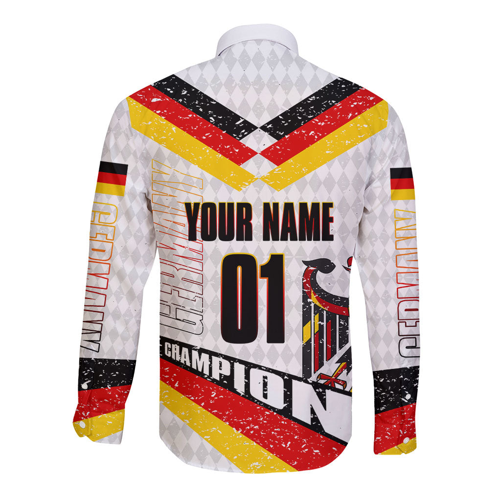 Personalized Germany Football Bear Mascot Long Sleeve Button Shirt Germany Flag Eagle Shield Distressed Comic Art