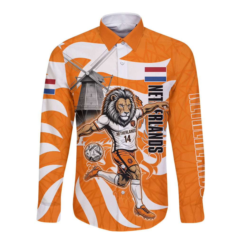 Personalized Netherlands Football Lion Mascot Long Sleeve Button Shirt Dutch Orange Flag Windmill Symbol Comic