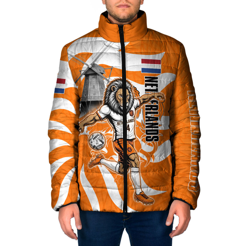 Personalized Netherlands Football Lion Mascot Padded Jacket Dutch Orange Flag Windmill Symbol Comic
