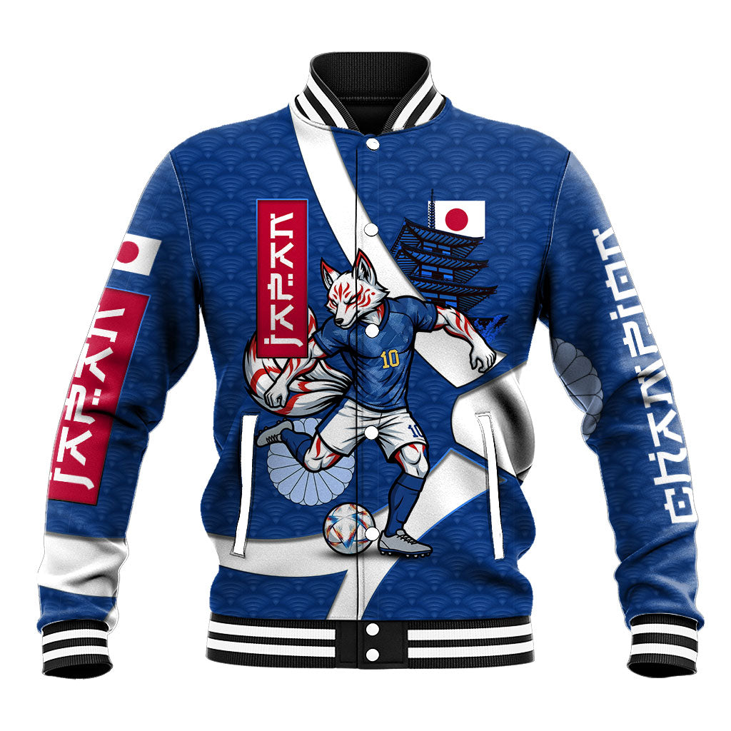 Personalized Japan Football Kitsune Mascot Baseball Jacket Japanese Pagoda Kitsune Mask Blue Samurai Style