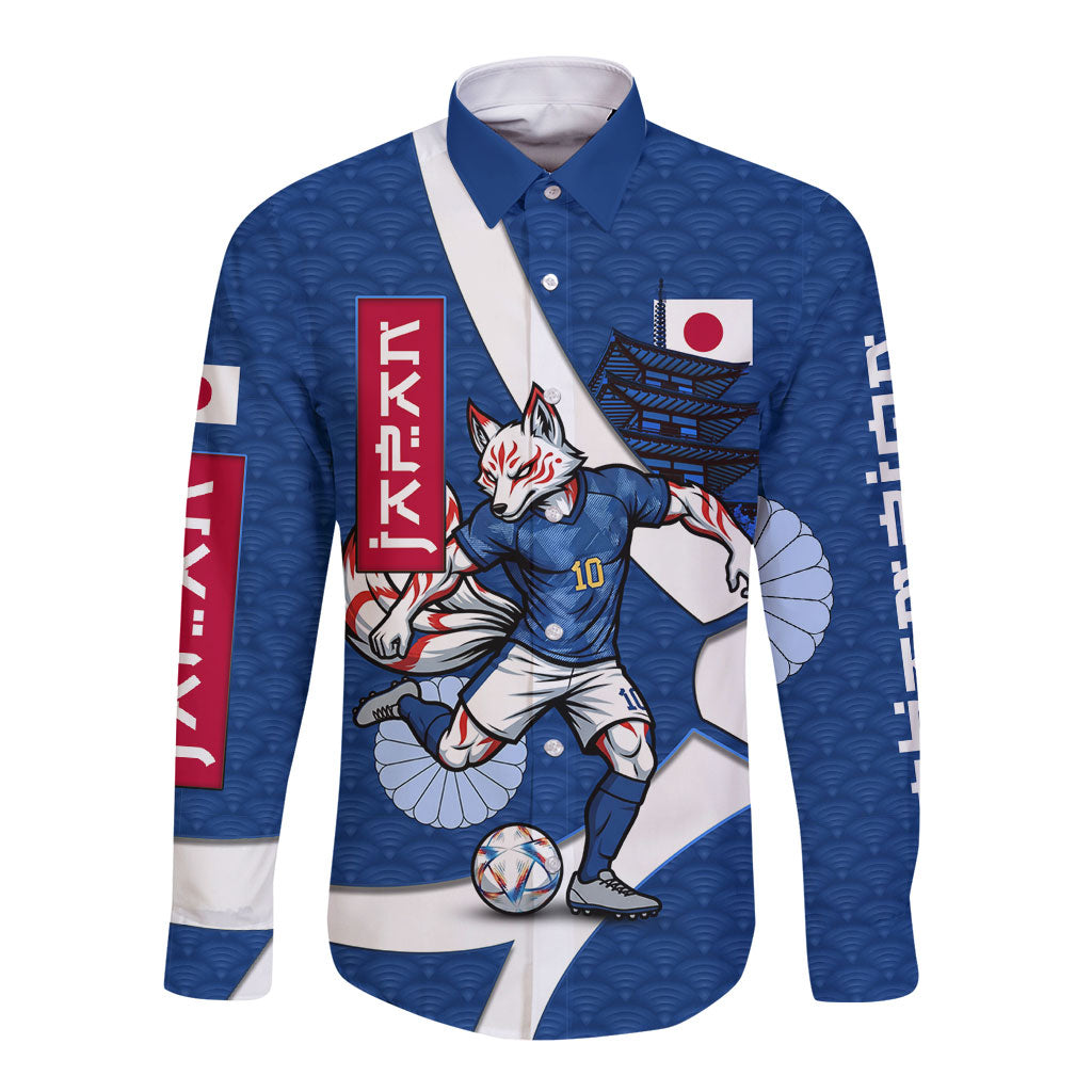 Personalized Japan Football Kitsune Mascot Long Sleeve Button Shirt Japanese Pagoda Kitsune Mask Blue Samurai Style