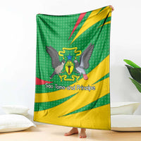 Green and yellow flag blanket with central coat of arms and 'Sao Tome and Principe' text