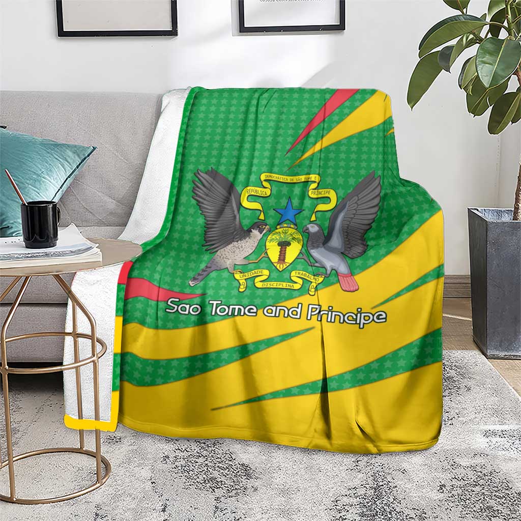 Green and yellow emblem blanket on seat with eagle wings and 'Sao Tome and Principe' text