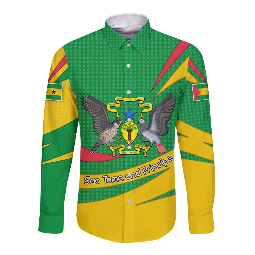 Sao Tome and Principe National Emblem Long Sleeve Button Shirt with Green Yellow Flag Pattern