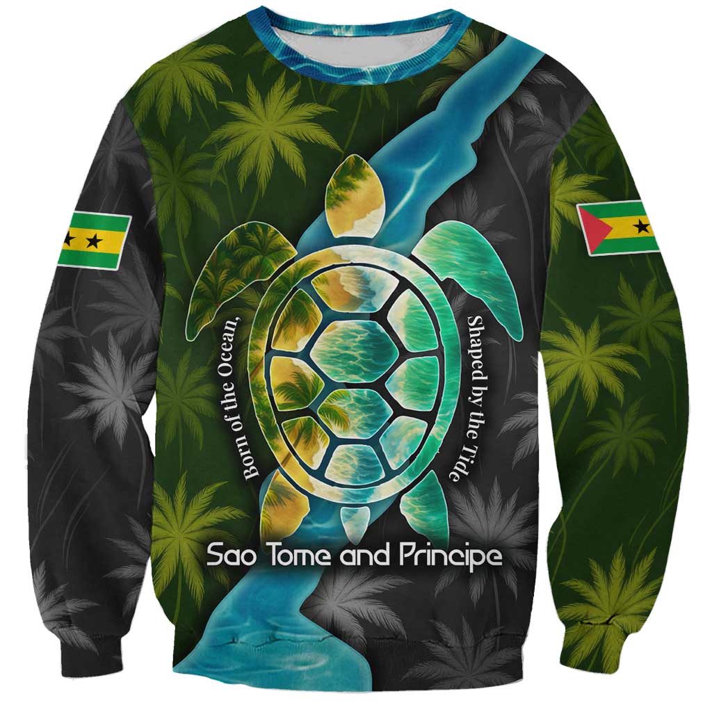 Sea Turtle Sao Tome and Principe Sweatshirt with Ocean Tide and Tropical Palm Design