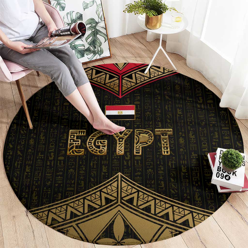 Ankh Eye of Horus Egypt Round Carpet with Ancient Black Gold Hieroglyph Spirit