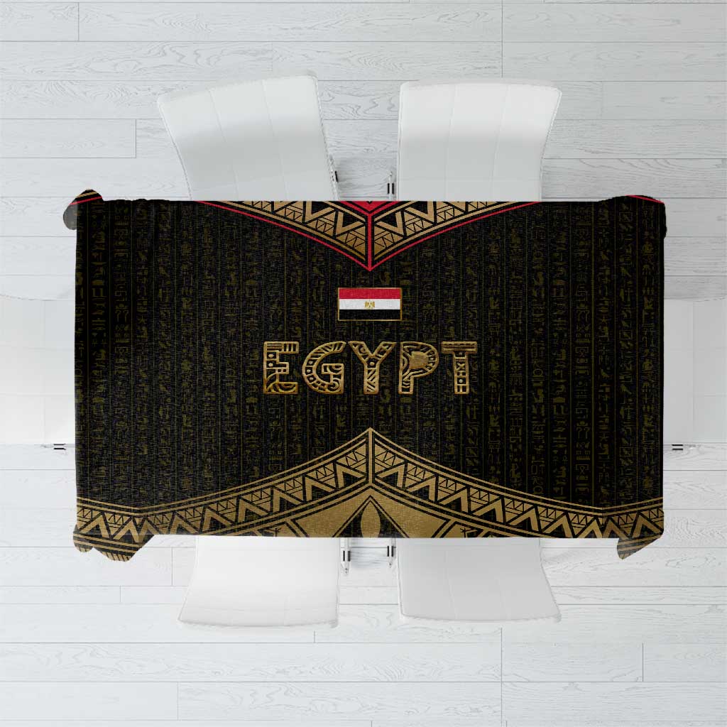 Black tablecloth with gold Eye of Horus and hieroglyph pattern, decorative border