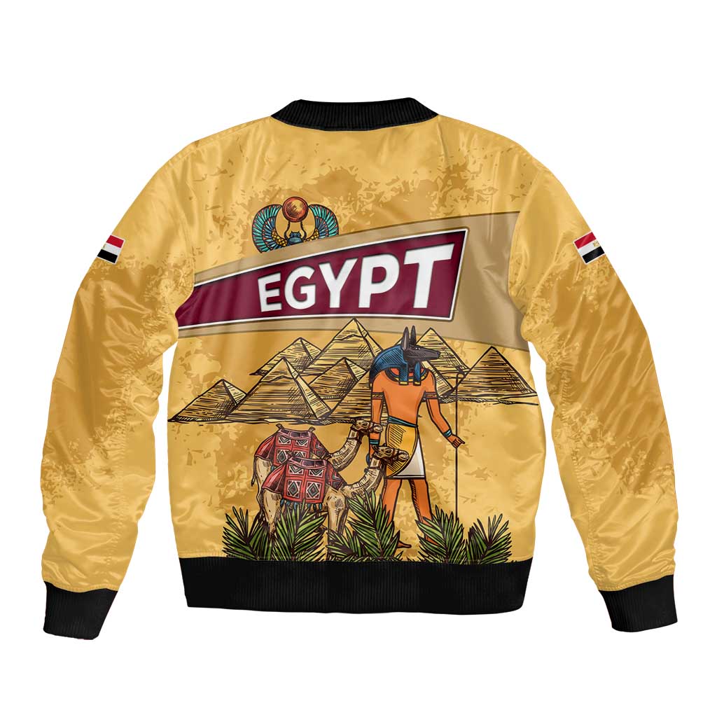 Egyptian Pyramids and Anubis Bomber Jacket with Camel Caravan Desert