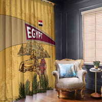 Yellow Egypt window curtain featuring pyramids, Anubis, and a camel caravan illustration.