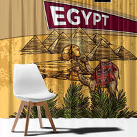 Yellow Egypt curtain panel with pyramids and Anubis figure, plus palm greenery and camels.