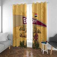 Yellow Egypt curtains with hanging rings and pyramids, Anubis, camel caravan, and palm plants.