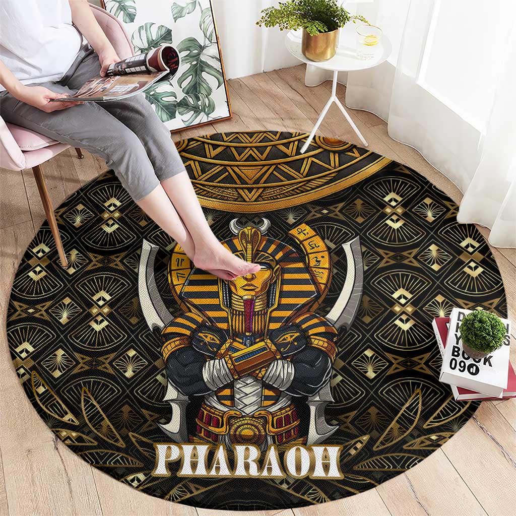 Pharaoh King Tut Egypt Round Carpet with Hieroglyphic Gold Pattern