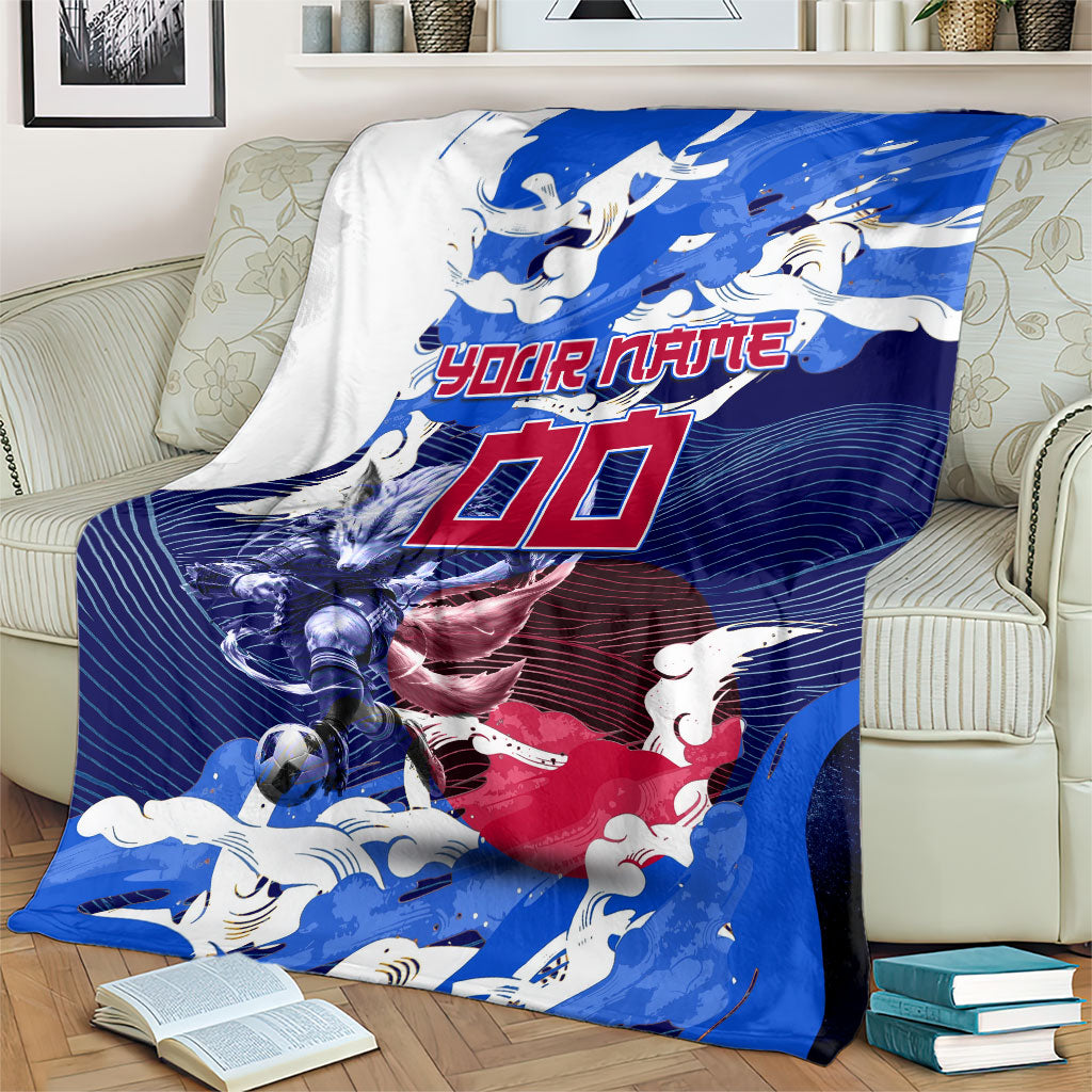 Personalized Japan Football Blanket Kitsune Samurai Mascot - Traditional Wave Heritage