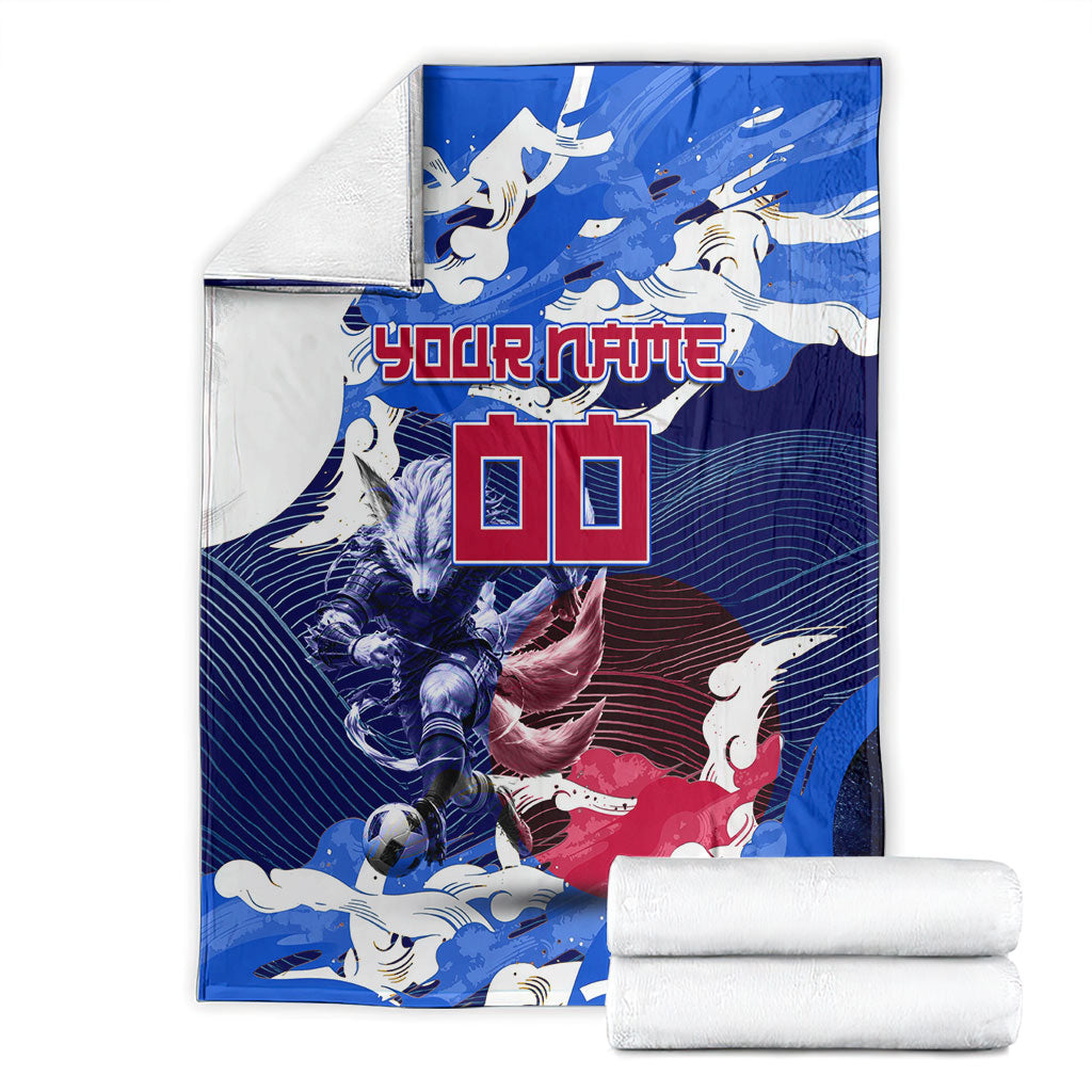 Personalized Japan Football Blanket Kitsune Samurai Mascot - Traditional Wave Heritage