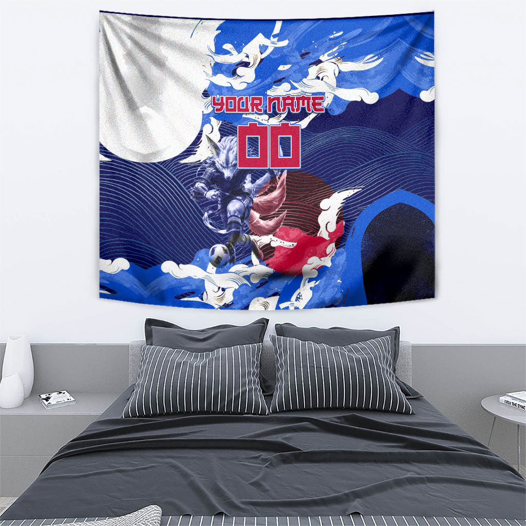 Personalized Japan Football Tapestry Kitsune Samurai Mascot - Traditional Wave Heritage