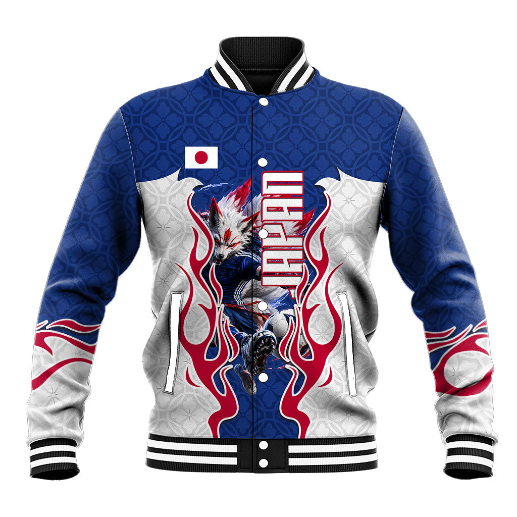 Personalized Japan Football Kitsune Mascot Baseball Jacket Samurai Blue Chrysanthemum Flame