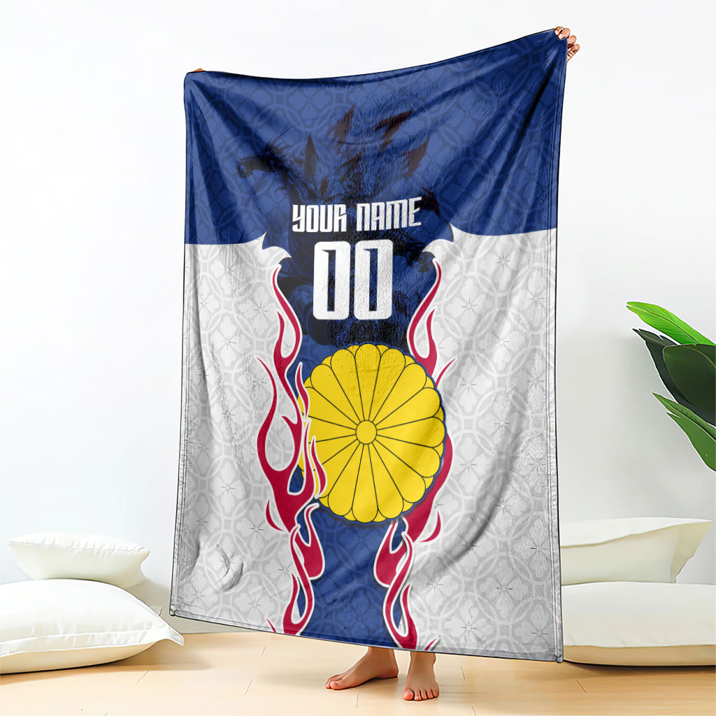 Personalized Japan Football Kitsune Mascot Blanket Samurai Blue Chrysanthemum Flame