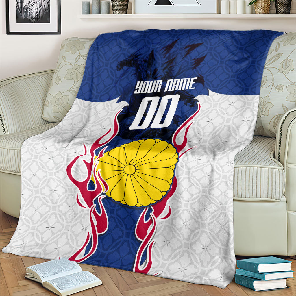 Personalized Japan Football Kitsune Mascot Blanket Samurai Blue Chrysanthemum Flame