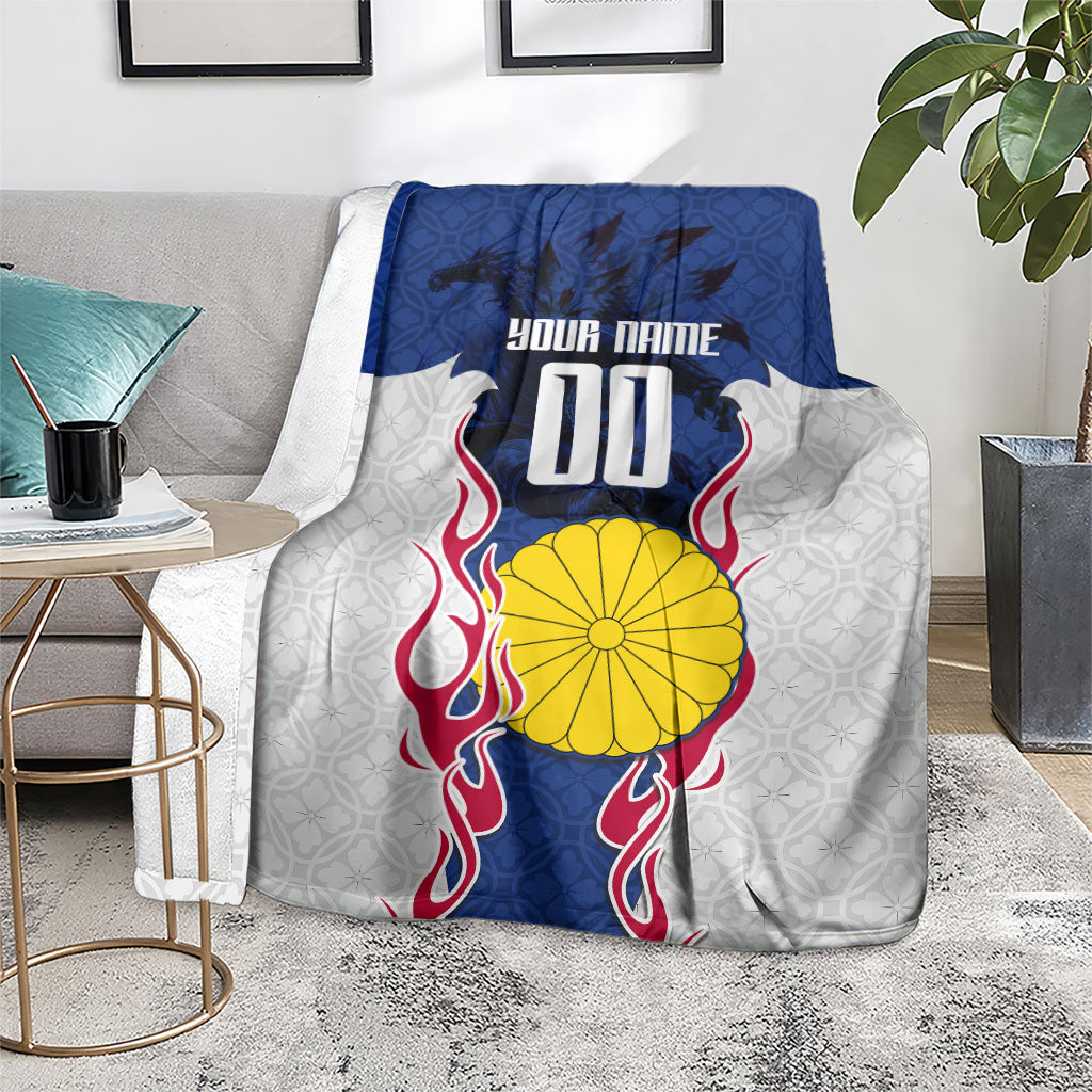 Personalized Japan Football Kitsune Mascot Blanket Samurai Blue Chrysanthemum Flame