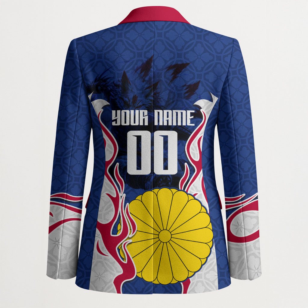 Personalized Japan Football Kitsune Mascot Blazer Samurai Blue Chrysanthemum Flame