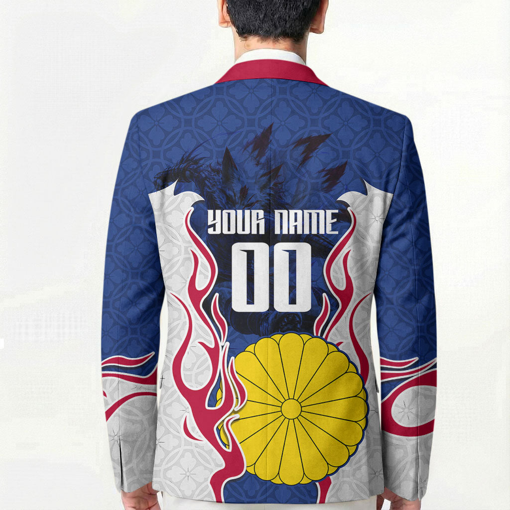 Personalized Japan Football Kitsune Mascot Blazer Samurai Blue Chrysanthemum Flame