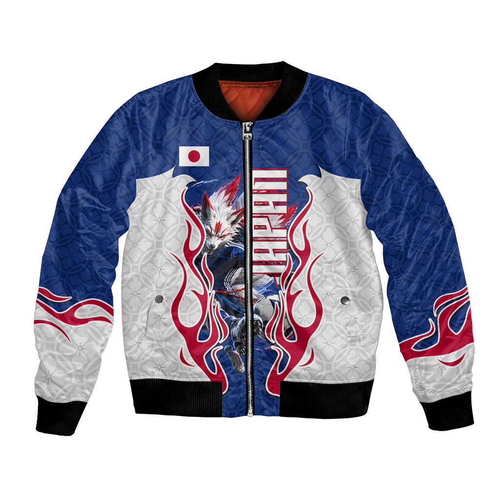 Personalized Japan Football Kitsune Mascot Bomber Jacket Samurai Blue Chrysanthemum Flame