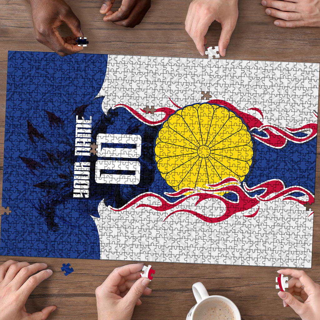 Personalized Japan Football Kitsune Mascot Puzzle Samurai Blue Chrysanthemum Flame