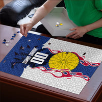 Personalized Japan Football Kitsune Mascot Puzzle Samurai Blue Chrysanthemum Flame