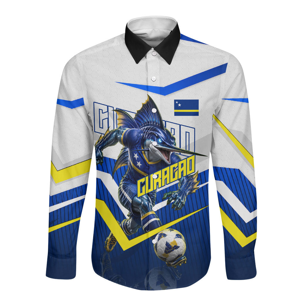 Personalized Curacao Football Marlin Mascot Long Sleeve Button Shirt Caribbean Flag Colors Geometric Blue