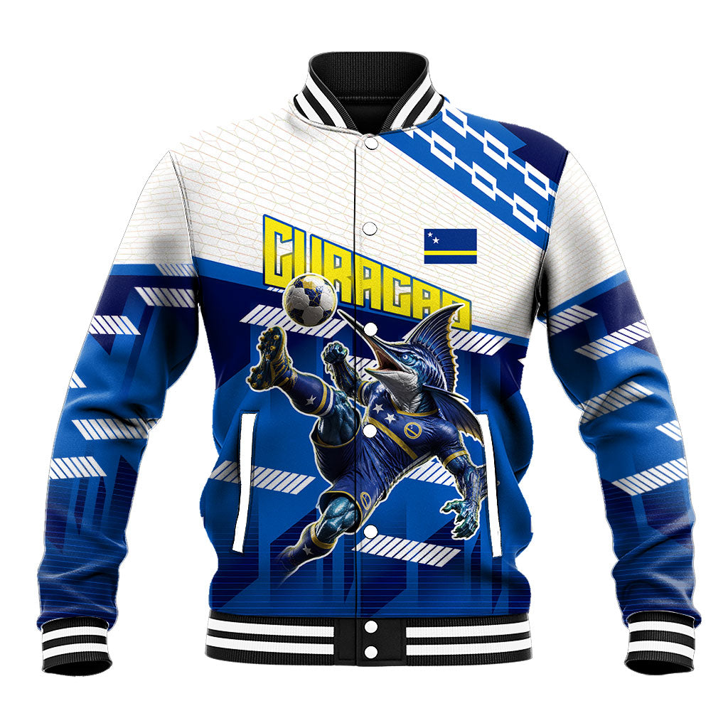 Personalized Curacao Football Baseball Jacket Marlin Mascot Blue National Flag Accents