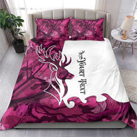 Pink camouflage bedding set with white center, deer antler silhouette, two coordinating pillows