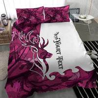 Pink camo and white deer-themed bedding set with antlers, two pillowcases, stitched edge
