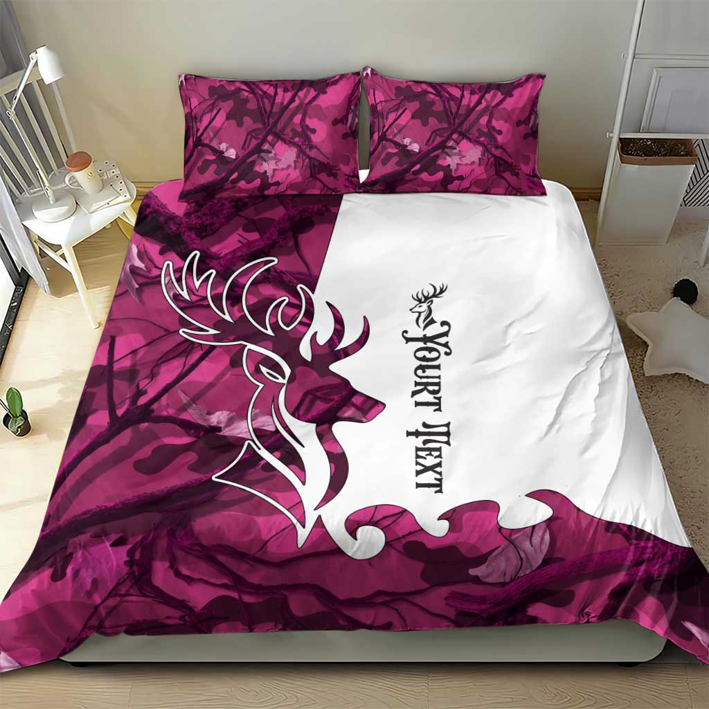 Pink camo deer bedding set showing white duvet panel with antler graphic and two pillows