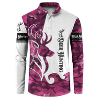 Pink camo button henley sweatshirt with deer head, flame graphic, and hunting text
