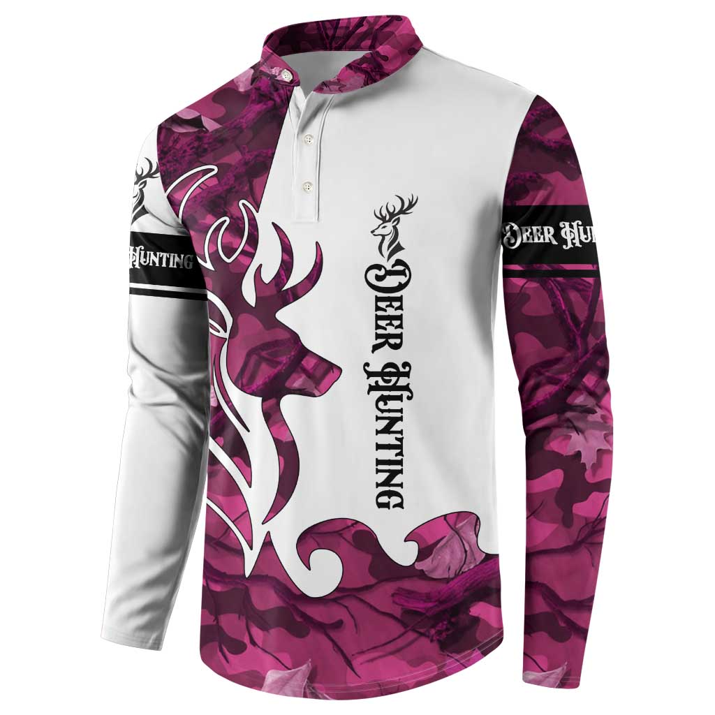 Pink camo button henley sweatshirt with large deer head, flame graphic, and hunting text