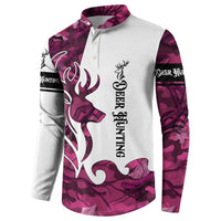 Pink camo button henley sweatshirt with large deer head, flame graphic, and hunting text