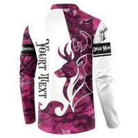 Pink camo button henley sweatshirt with back deer graphic, swirl flames, and hunting text