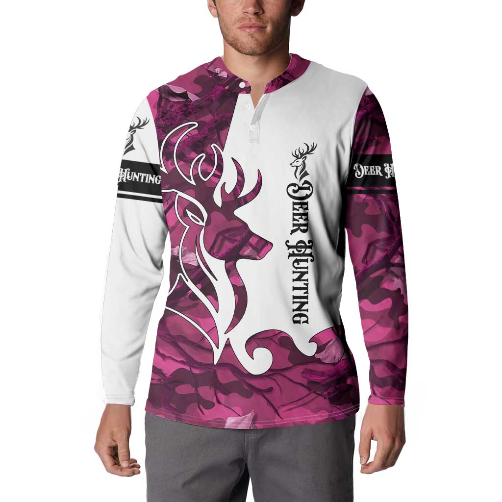 Pink camo button henley sweatshirt with white sleeves, deer head and flame front graphic