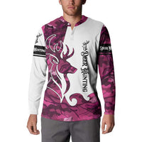 Pink camo button henley sweatshirt with white sleeves, deer head and flame front graphic